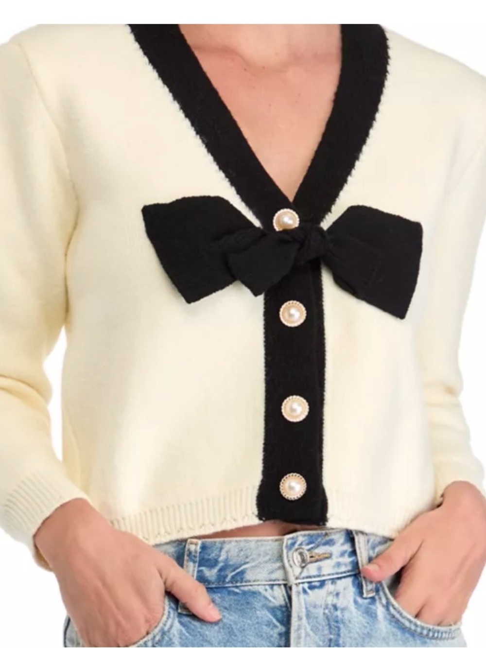 Stellah Cream and Black Bow-Accent Cardigan